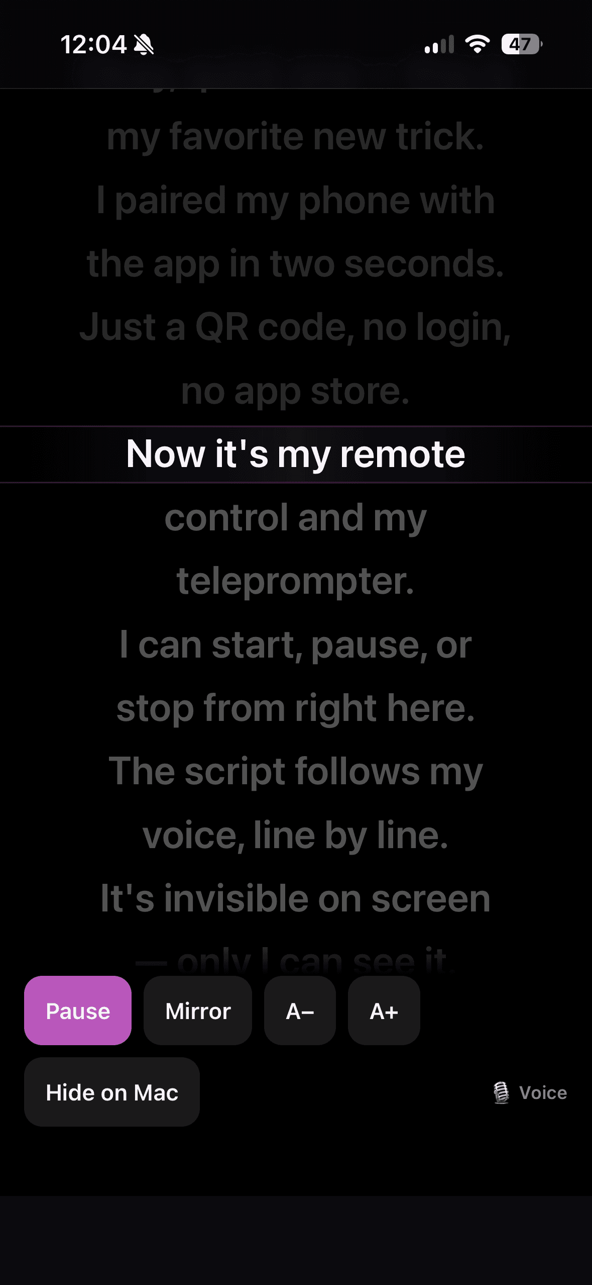 Teleprompter script following the speaker's voice on an iPhone